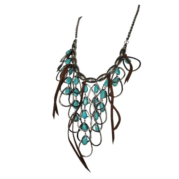 Statement Faux Turquoise, Mixed Metals, and Leather Necklace - Picture 5 of 6